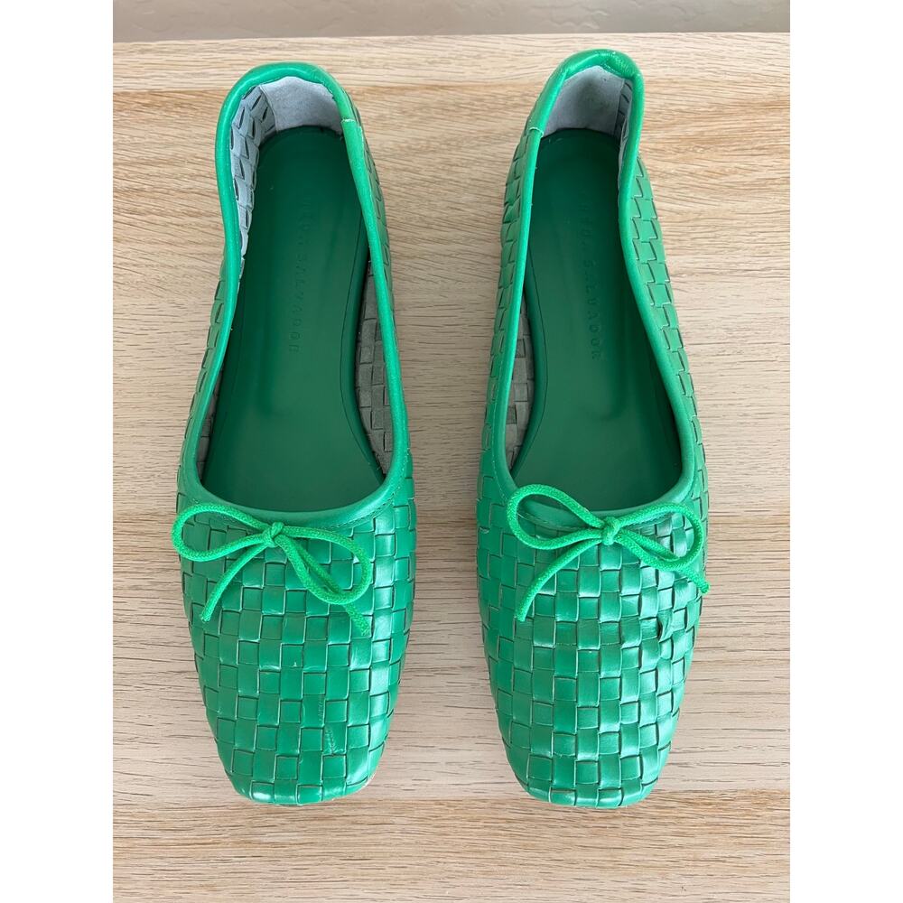 Freda Salvador Jada 8.5 Green Woven Leather Square Toe Ballet Flats